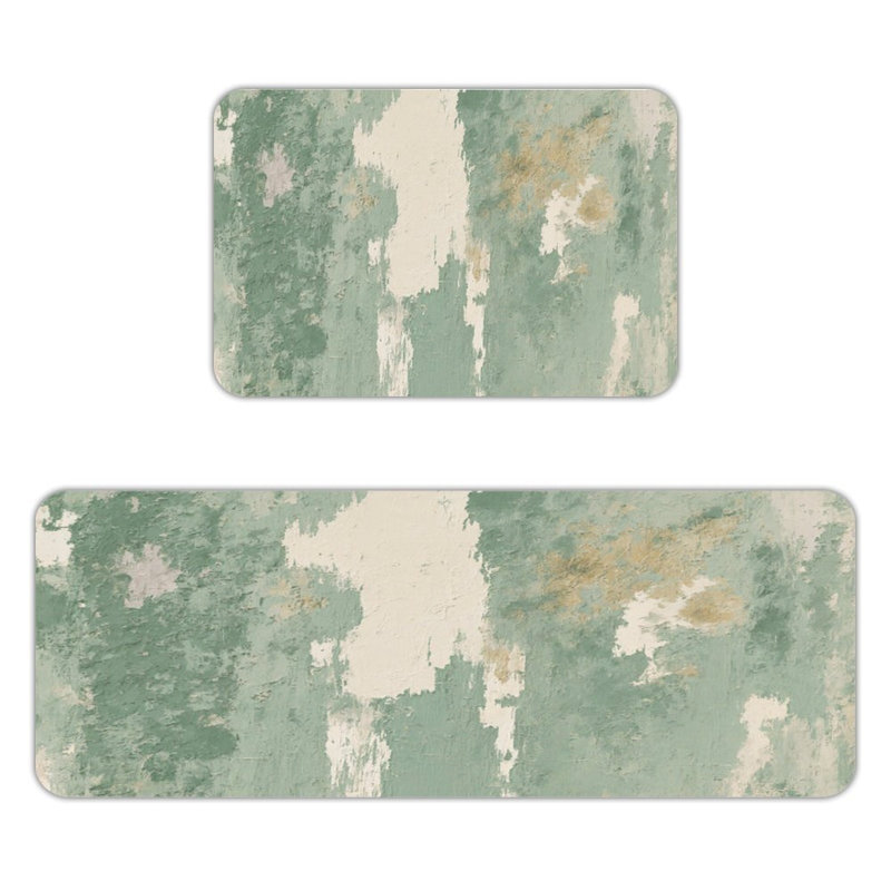 Tapis de cuisine vert antidérapant à texture vieillie vert 2 pièces, Sarcelle / beige abstrait