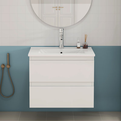 Ensemble de meuble-lavabo 24 po avec lavabo, armoire avec 2 grands tiroirs, système de fermeture en douceur, 2 grands tiroirs, conception sans poignée, assemblage facile, blanc brillant