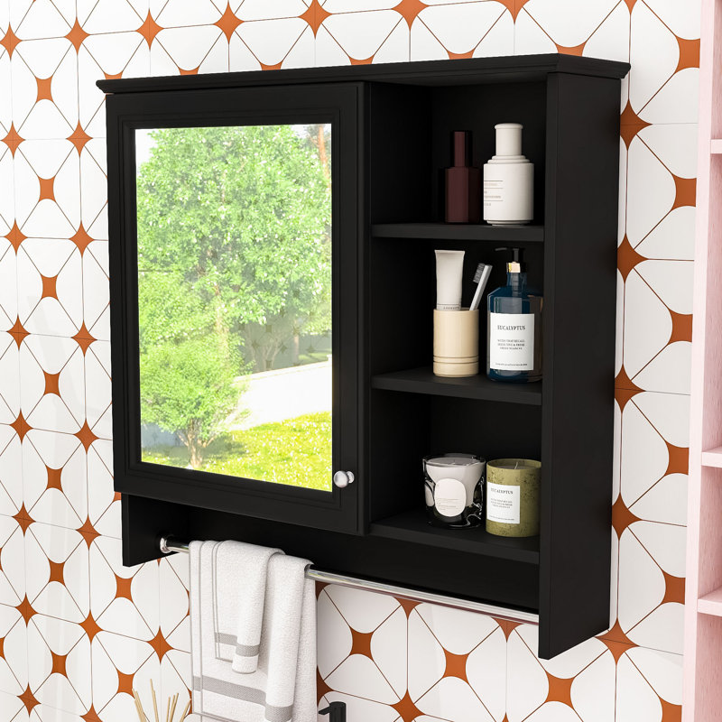 Armoire à pharmacie murale 2 en 1 avec miroir, tablettes réglables et porte-serviettes, Noir
