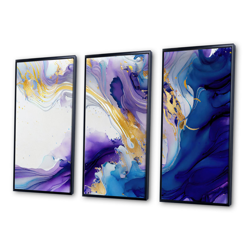 «Dheera Blue and Gold Splash II», reproduction sur toile 3 pièces, H 28 po x l 36 po x P 1 po, Cadre noir