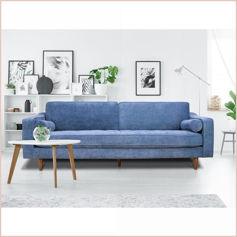 Canapé en denim pour 3 personnes Anderson - canapé de salon minimaliste moderne avec accoudoirs carrés | Denim | Rembourré | Bleu