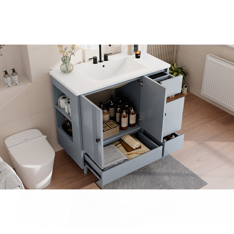 36" Bathroom Vanity With Sink, Free Standing Single Vanity Set With 4 Drawers And Side Storage Rack, Wood Cabinet With Ceramic Basin For Bathroom, Gray