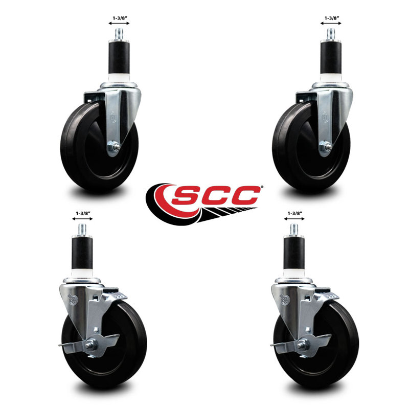 Soft Rubber Wheel Swivel 1-3/8 Inch Expanding Stem Caster Set 2 Brakes SCC