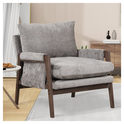 Kelly Mid-Century Modern Velvet Accent Armchair in Gray with Espresso Rubberwood Legs