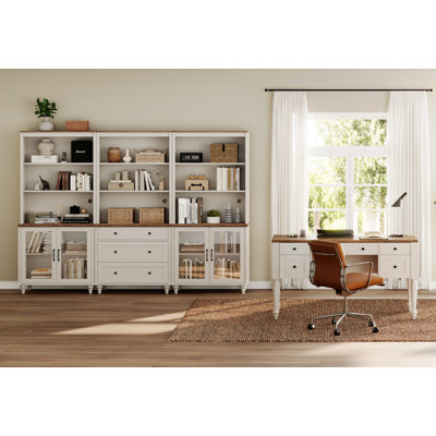 2 - Piece Office Set, 56" Executive Desk, Bookcases With 3 Drawers And 2 Glass Cabinets