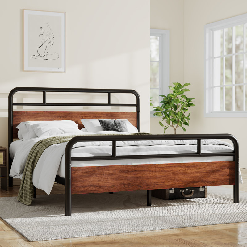 Dejania Metal Platform Bed Frame with Wooden Headboard and Footboard, Queen, Light Brown