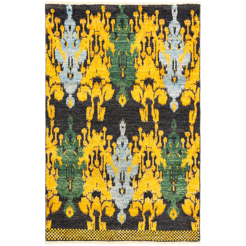 Tapis unique en laine noué à la main style Mogul des années 2010 de 4 pi 6 po x 7 pi noir / jaune Kanta