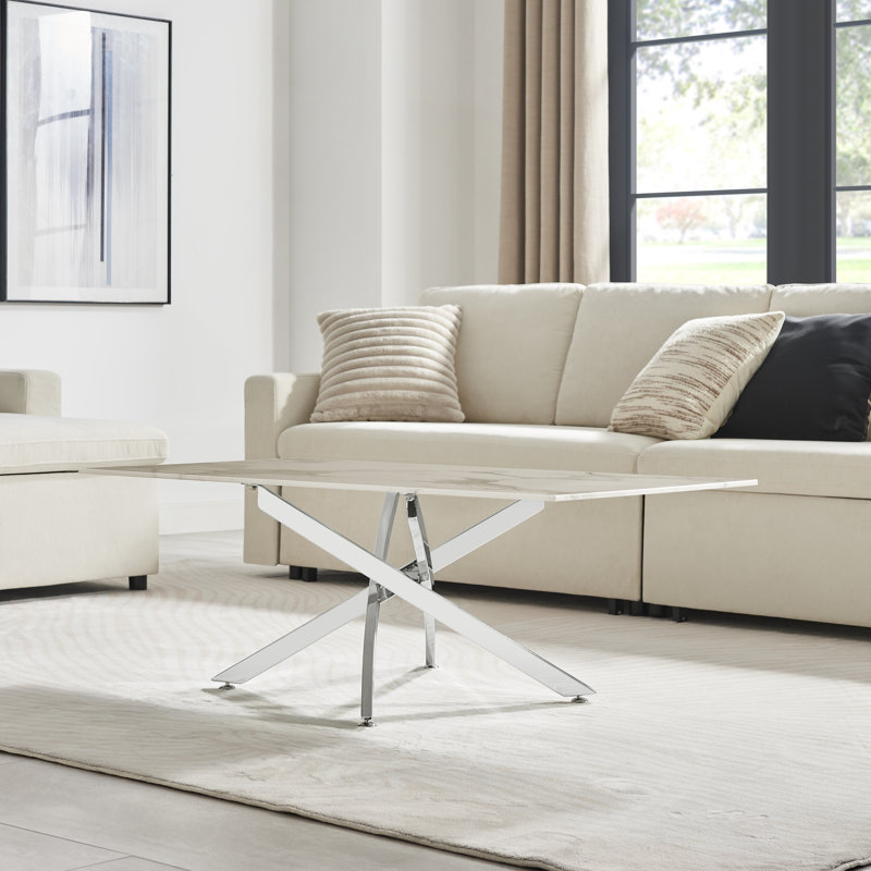 Lenworth Marble Effect Coffee Table - Glass Topped Metal Leg Centre Table, White, Silver