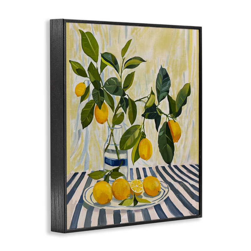 Citrons sur nappe rayée, estampe numérique, conception de Yen, 20 x 16, Giclée noire de minuit encadrée