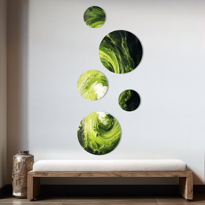 Green Spiral Neon Fusion 2 - Abstract Collages Round Wall Art Set Of 5