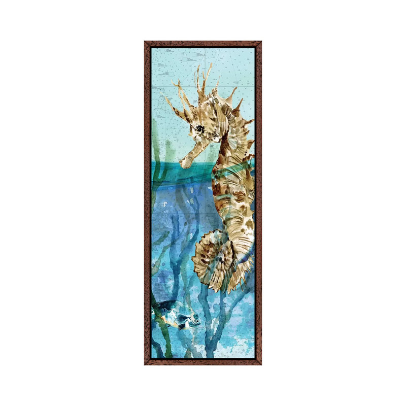 Pacific Seahorse 1 Piece Panoramic Wall Art on Canvas, 30.48 cm H x 91.44 cm W, Classic Brown Wood Framed
