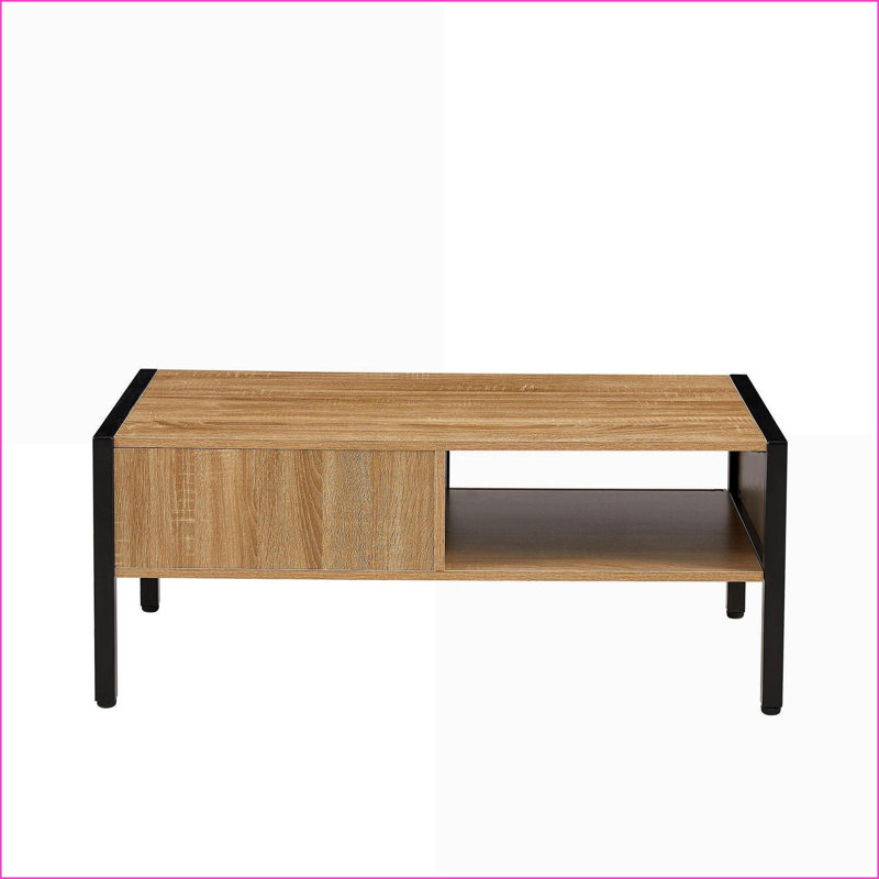 Table basse en rotin naturel avec porte coulissante et pieds en métal pour le salon, rangement peu encombrant