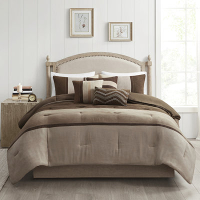 7 Piece King Comforter , Brown Faux Suede, , Pieced Decorative Pillows, Bed Skirt, Machine Washable Simple Bedding , Brown, Comforter, Shams,