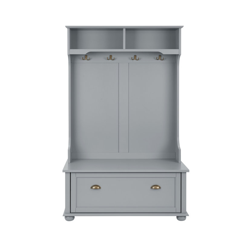 Classic Cosatal Style Hall Tree Entryway Bench With Open Shelves And Shoe Cabinets, WOOD Feet, Gray