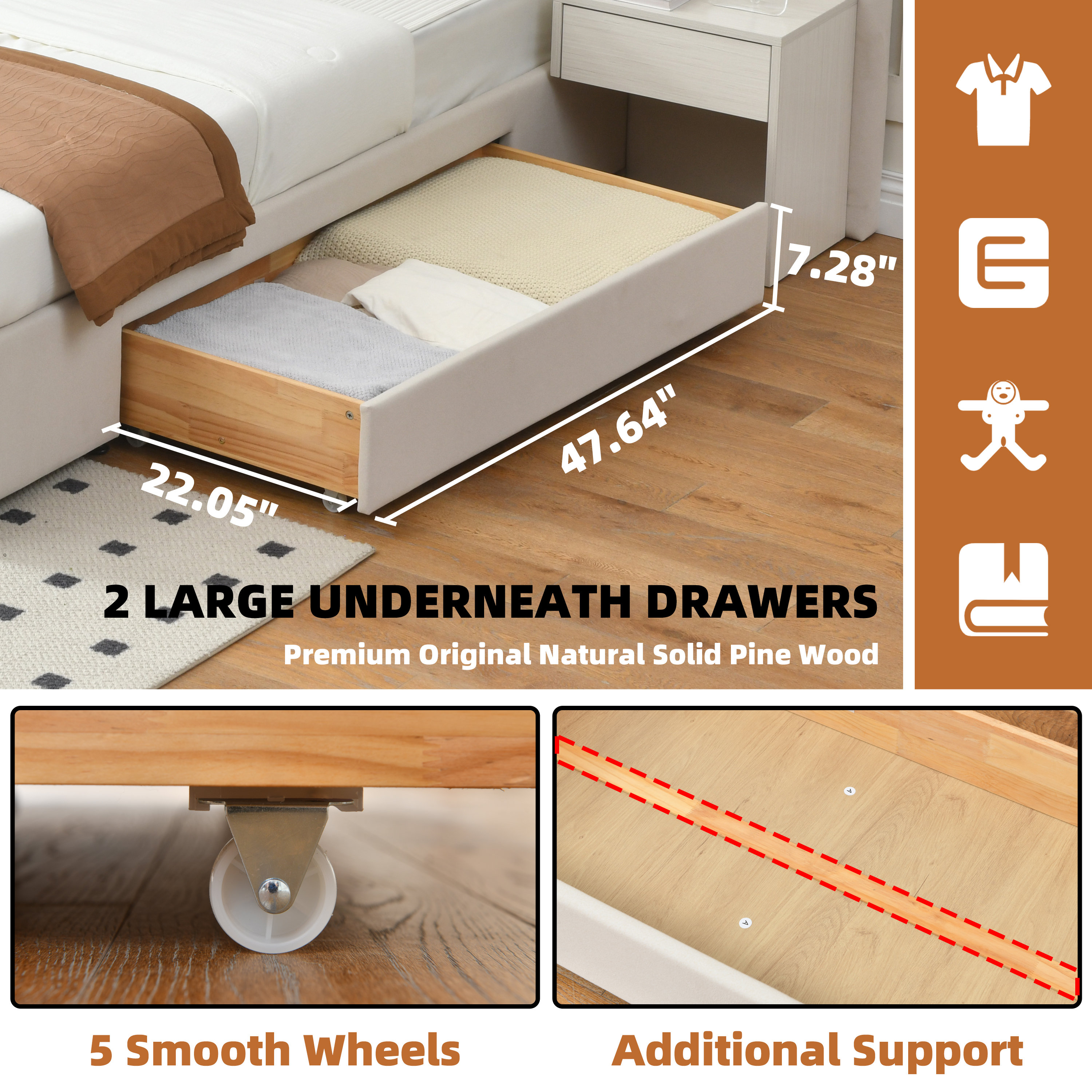 Bed Frame With Hotel-Style Extended Headboard, Velvet Upholstered Platform Bed Frame With Attached Nightstands & Large Drawers, Floating Shelves