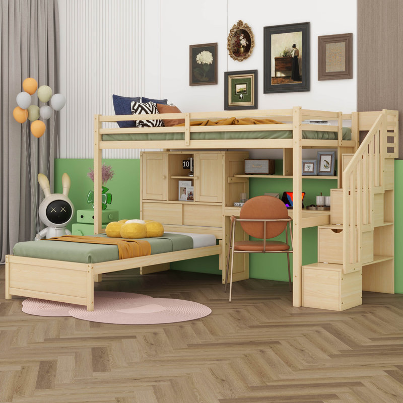  Lit mezzanine simple au-dessus de simple Karanfila avec bureau intégré et escalier, avec compartiments de rangement et tablettes