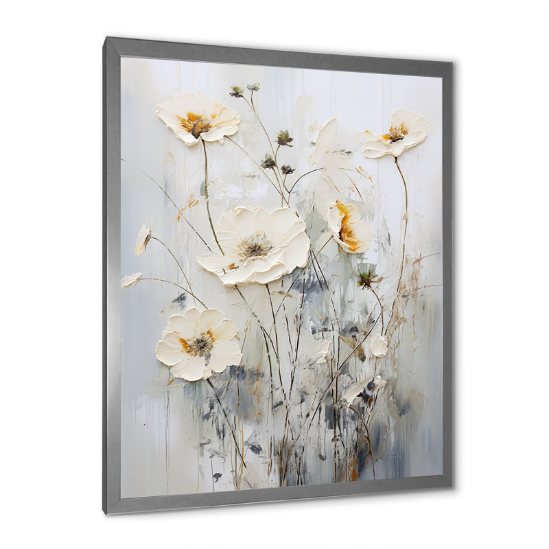Motif floral blanc sur fond blanc, Cadre simple argenté, H 40 po x l 30 po x P 1,5 po
