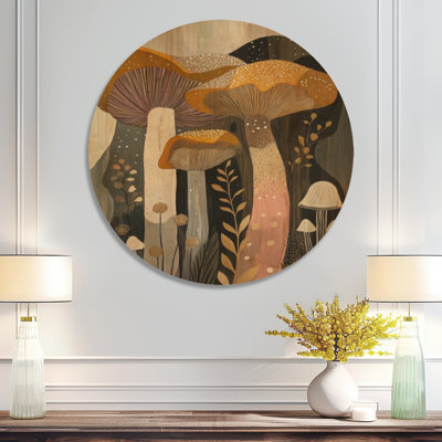 Folk Art Mushroom Meadow - Orange Mushrooms Round Wood Wall Art
