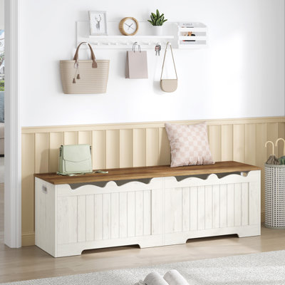 Coffre de rangement 59 po, coffre de rangement avec 2 charnières, coffre en bois, organisateur de coffre à plateau relevable, banc à chaussures pour entrée, chambre à coucher, salon, blanc / brun