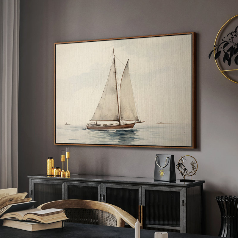 Rétro nautique-I, Toile encadrée noyer flottant, H 27 po x l 41 po x P 2 po