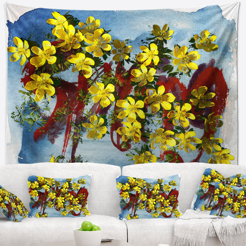 Tapisserie florale et fleurs printanières jaunes, H 50 po x l 60 po