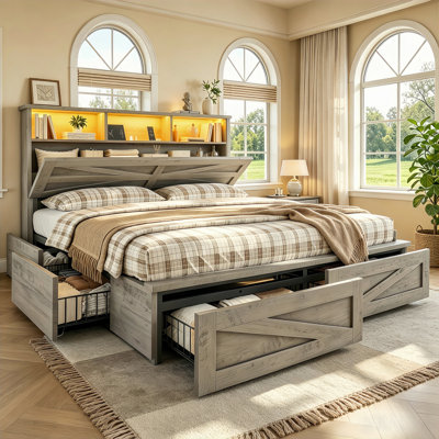 Wood Full Bed Frame with 6 Drawers and Spacious Storage Headboard Farmhouse LED Metal Platform Bed with Charging Station No Boxing Need