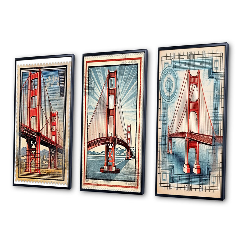 Golden Gate - Illustration rétro de San Francisco - ensemble de 3 pièces, Cadre flottant noir, H 32 po x l 48 po
