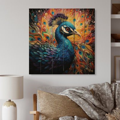 Bleu sarcelle paon pointilliste, pointillisme paon sur bois