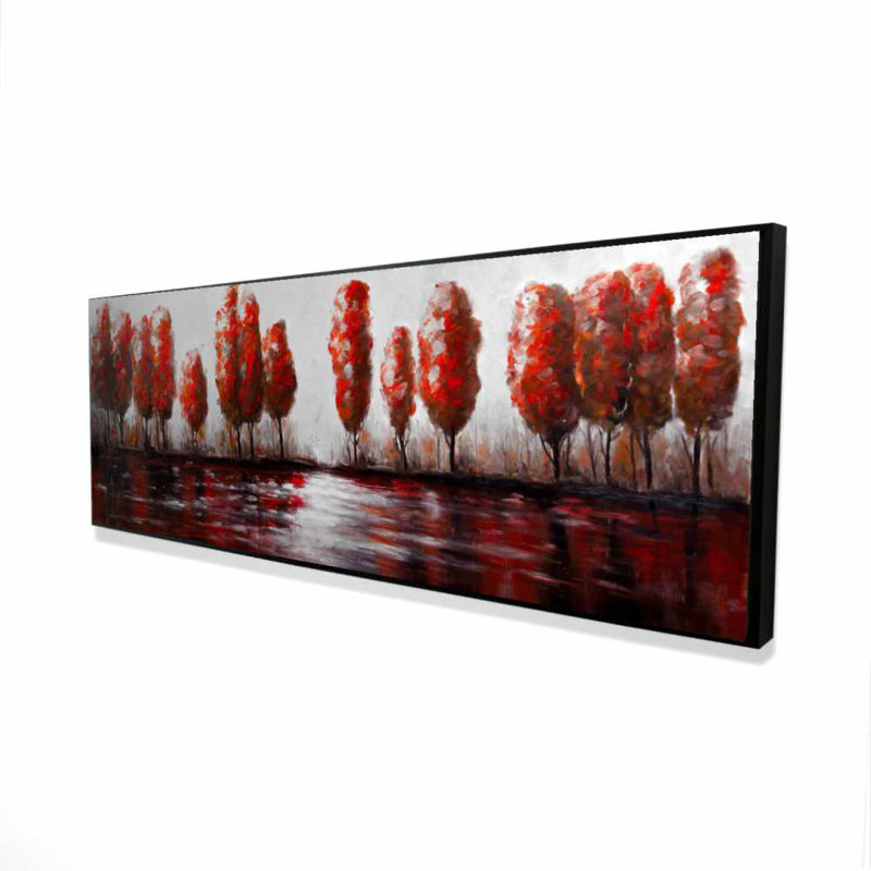Red Trees by the Lake - Black Framed Canvas Home Decor