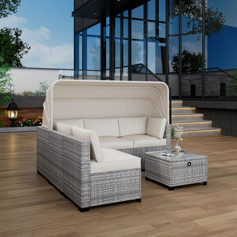 Ensemble de lit de jour pour l'extérieur 6 pièces, auvent rétractable, dossiers réglables, chaises longues, ensemble de patio