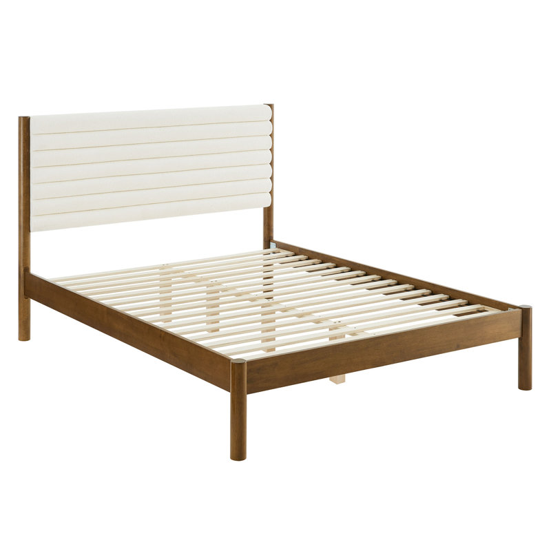 Olea Channel Tufted Boucle Solid Wood Platform Bed, Feather Walnut, Full