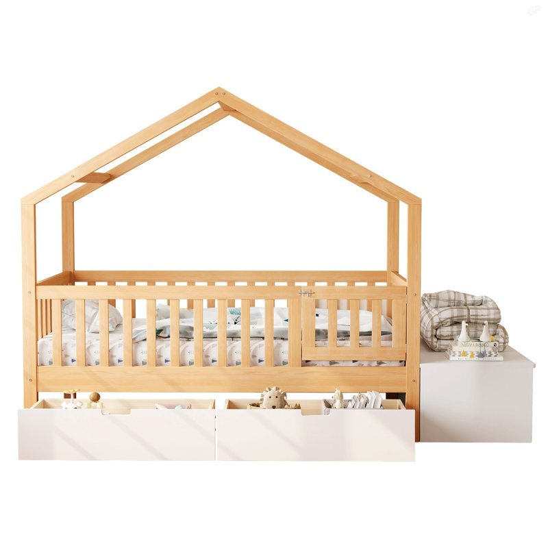 Lit pour tout-petits avec tiroirs de rangement et commode à plateau relevable, lit en bois massif avec barrières de sécurité et barrière, structure de lit de jeu pour enfants, compatible avec les matelas standard pour tout-petits américains