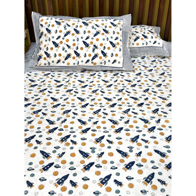 Blue Space Theme Kids Cotton Bedsheet Set