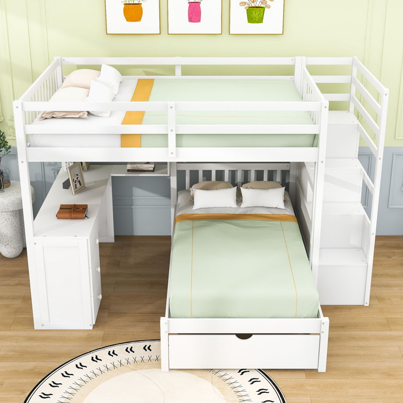 Lit superposé double au-dessus de simple avec bureau d'étude intégré, tablettes et tiroirs de rangement, Blanc