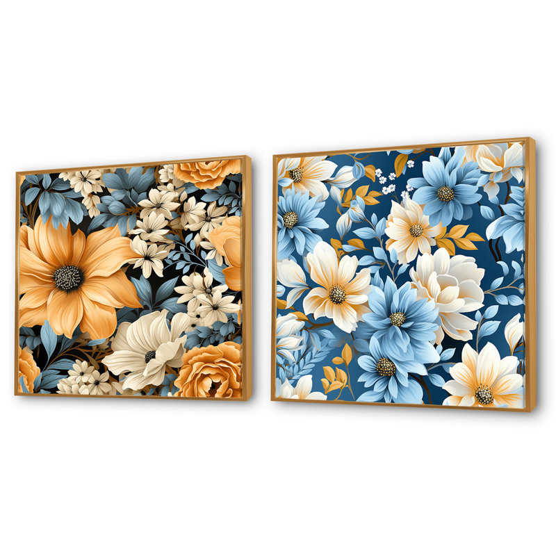 Ensemble de 2 fleurs jaunes et bleues de style campagnard, H 16 po x l 33 po, Cadre flottant doré
