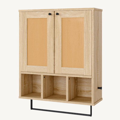  Armoire murale en rotin - Pharmacie murale avec barre à serviettes et tablette ajustable, rangement peu encombrant au-dessus de la toilette