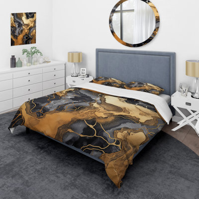 Gold And Grey Marble Glimmering Galaxies I - Abstract  Fractal Duvet Cover Set