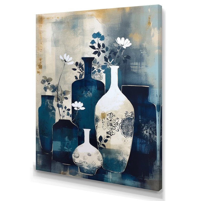 Art mural bleu et crème fantaisiste en argile II - Boho Pottery, H 20 po x l 12 po, Toile tendue