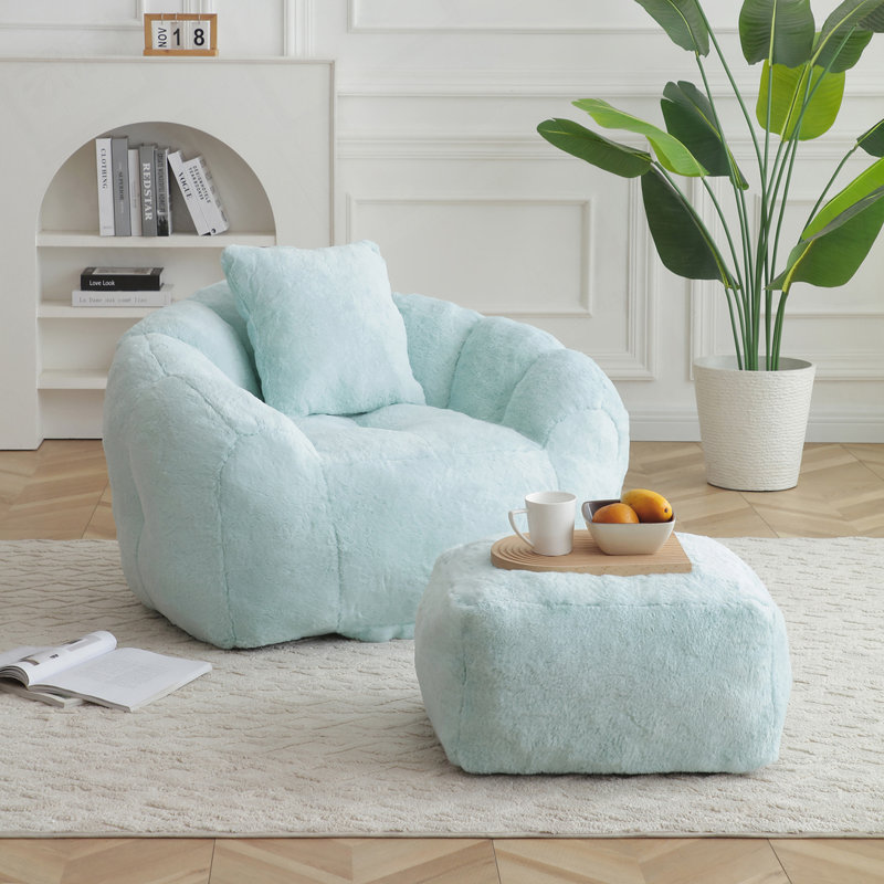Fauteuil à billes avec repose-pieds en fausse fourrure, Bleu clair