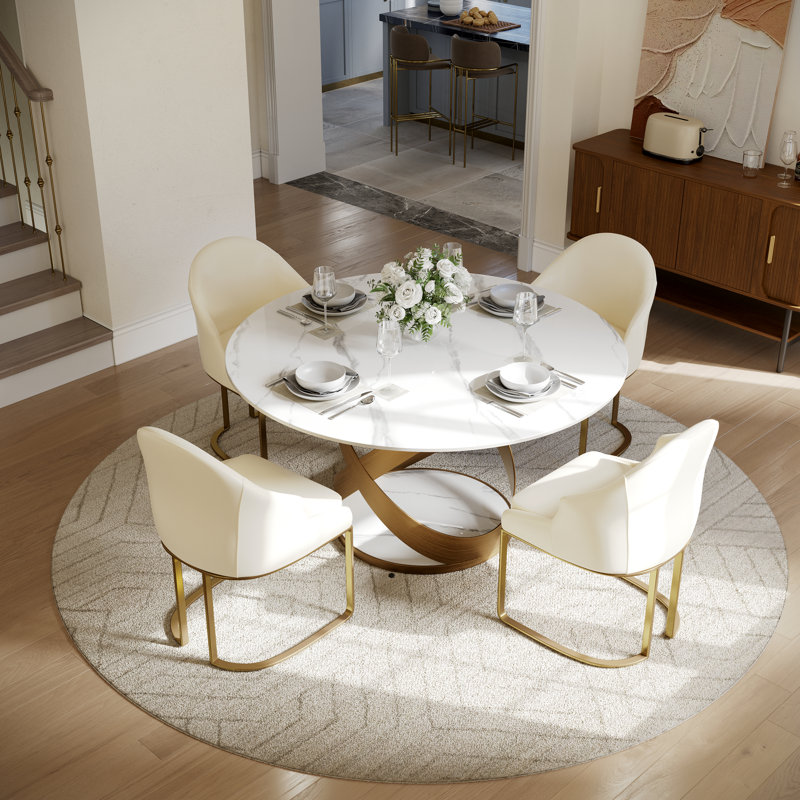  5/7 Pieces Modern Dining Room Sets, Pre-Assembly Round Dining Table Sets, Sintered Stone Tabletop Kitchen Dining Table Set With PU Upholstered Chairs