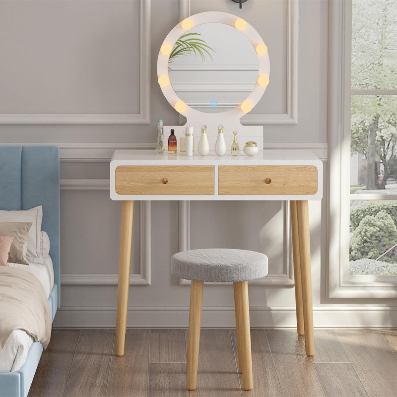 Ensemble coiffeuse Natural & White avec miroir lumineux et tabouret confortable