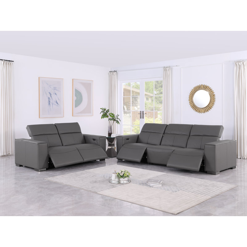 Luxurious Modular Power Reclining Sofa And Loveseat Set – Genuine Leather With Power Headrests, Dark Gray