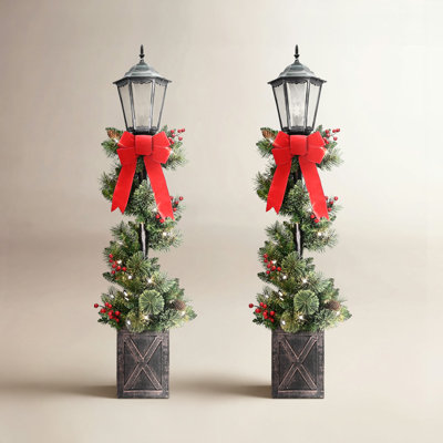 Set of 2 Pre-Lit 4ft Greenary Christmas Lamp Posts with Durable Planter, 50 Warm White LED Lights, 100 Realistic Branch Tips, Decorative Lanterns, Red Bows, Berries and Pinecones