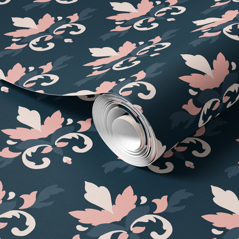 Papier peint damassé rose et bleu marine, H 225 po x l 25 po, vinyle autocollant, 225 po H, Vinyle peler et coller