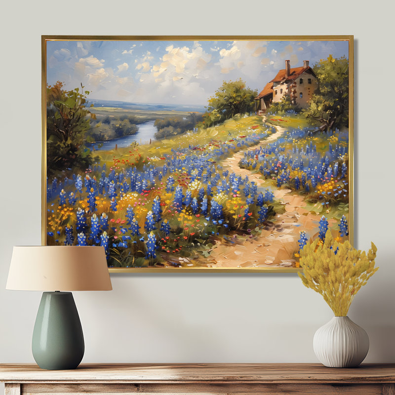 Bleu et vert pré breloque bleu Bonnets VII - Blue Bonnets Wall Art Living Room, Toile avec cadre flottant or