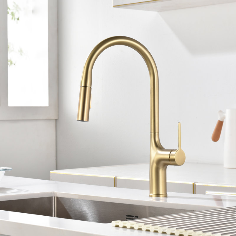 Robinet d'évier de cuisine avec douchette rétractable à un trou, acier inoxydable brossé, Or brossé