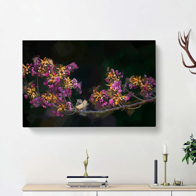 Wren upon a Blossom Tree Branch in Abstract - Wrapped Canvas, 35cm H x 50cm W x 3cm D