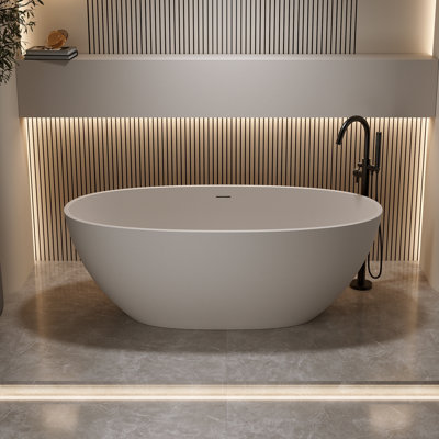 Baignoire de trempage autoportante 71 po, résine pierre à surface solide, blanc mat moderne ovale avec trop-plein et bonde escamotable