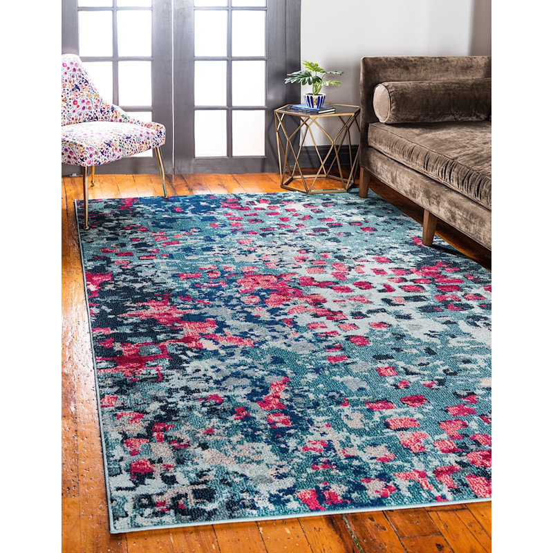 Tapis bleu à motif géométrique Meadow, Rectangle 7 pi x 10 pi