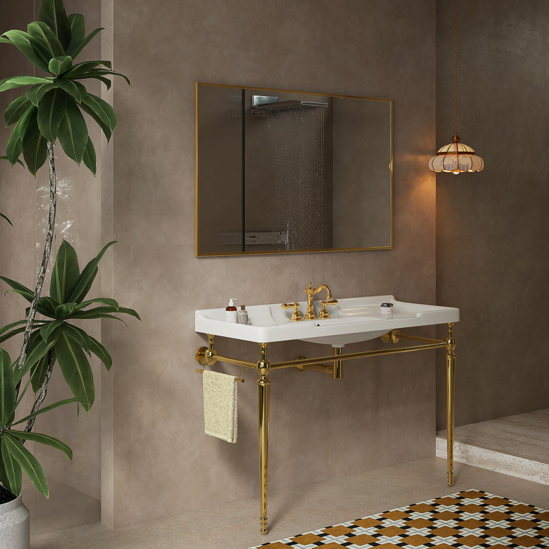 Bathroom Console Sink, Wall-Mounted Ceramic Vanity Basin With 3 Pre-Drilled Faucet Holes, Freestanding Stainless Steel Support Legs With Towel Bar